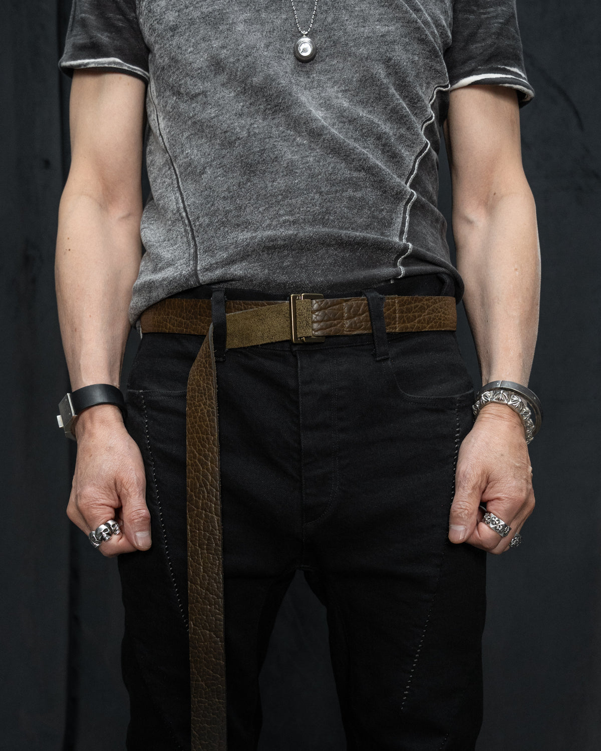 Olive Brown Shrunken Bison Aro Leather Belt