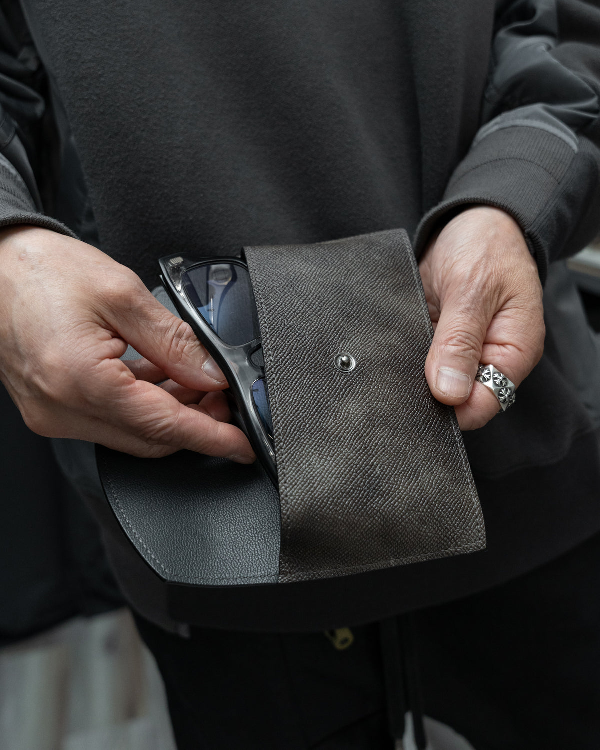 Grey Brown Italian Museum Calf Leather Eyewear Snap Case